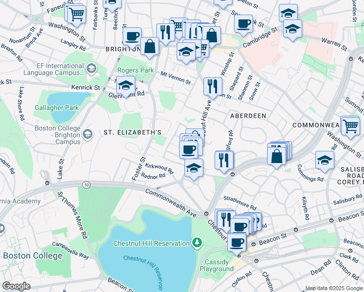 map of restaurants, bars, coffee shops, grocery stores, and more near 25 Embassy Road in Boston
