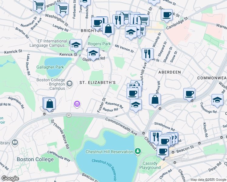 map of restaurants, bars, coffee shops, grocery stores, and more near 201 Chiswick Road in Boston