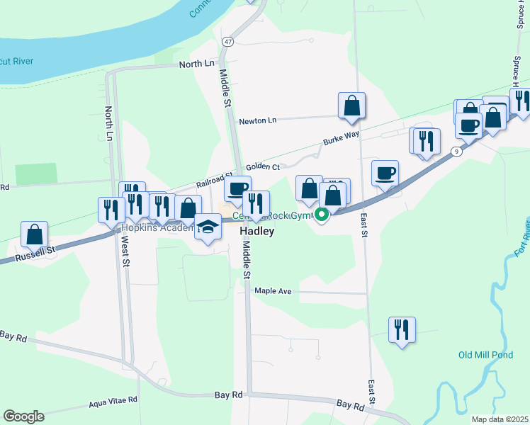 map of restaurants, bars, coffee shops, grocery stores, and more near in Hadley