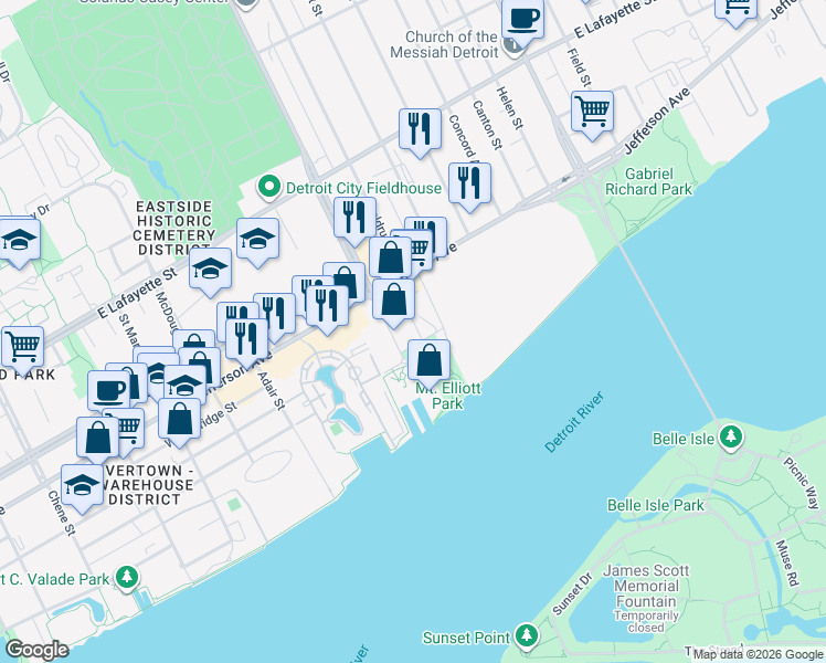 map of restaurants, bars, coffee shops, grocery stores, and more near 227 Iron Street in Detroit
