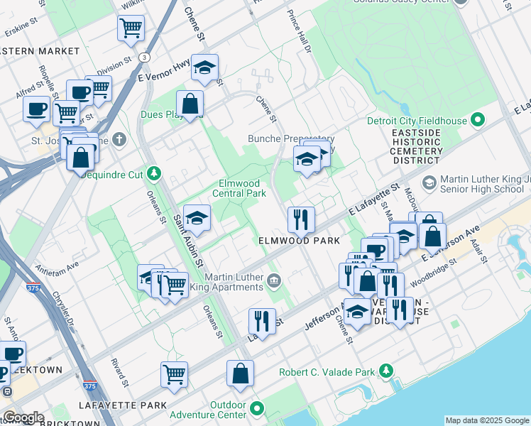 map of restaurants, bars, coffee shops, grocery stores, and more near 1071 Chene in Detroit