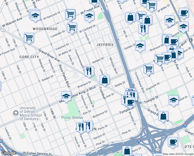 map of restaurants, bars, coffee shops, grocery stores, and more near None in Detroit