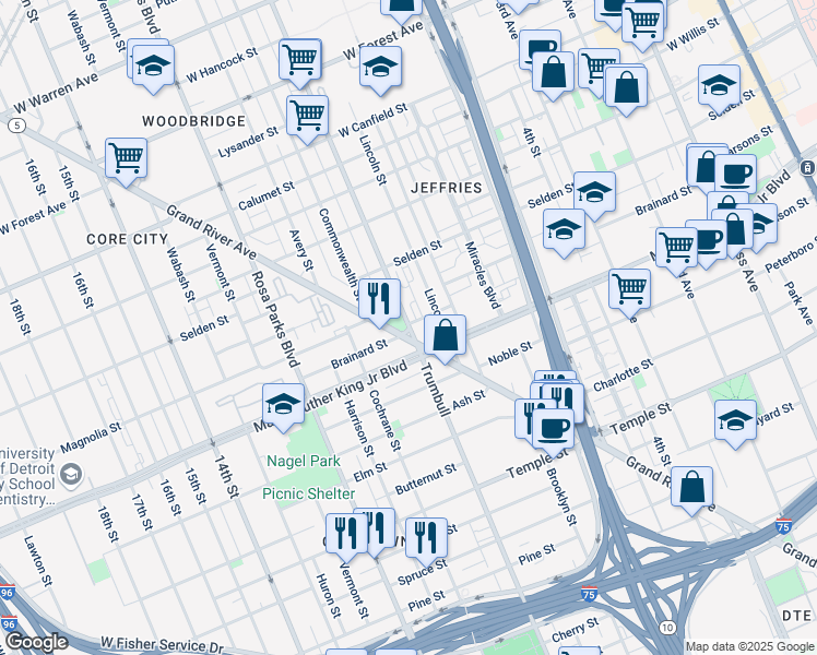 map of restaurants, bars, coffee shops, grocery stores, and more near 3530 Trumbull in Detroit