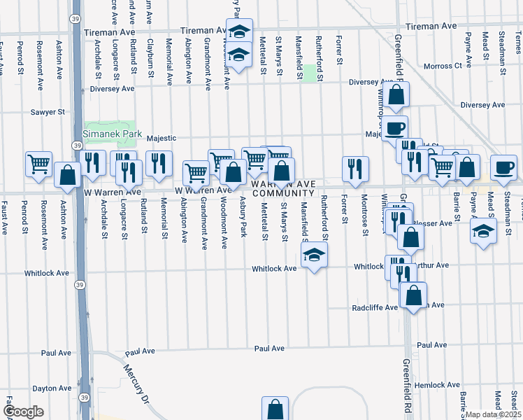 map of restaurants, bars, coffee shops, grocery stores, and more near 6845 Mettetal Street in Detroit
