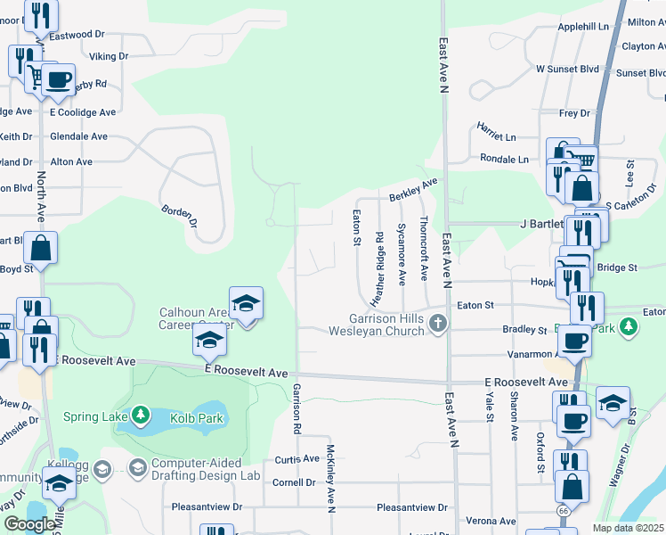 map of restaurants, bars, coffee shops, grocery stores, and more near 570 Limewood Drive in Battle Creek