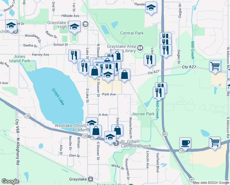 map of restaurants, bars, coffee shops, grocery stores, and more near 102 Seymour Avenue in Grayslake