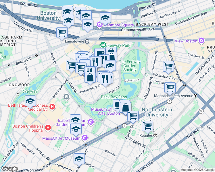 map of restaurants, bars, coffee shops, grocery stores, and more near 111 Park Drive in Boston