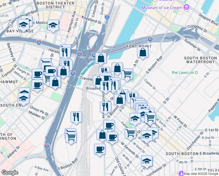 map of restaurants, bars, coffee shops, grocery stores, and more near 36 West Broadway in Boston