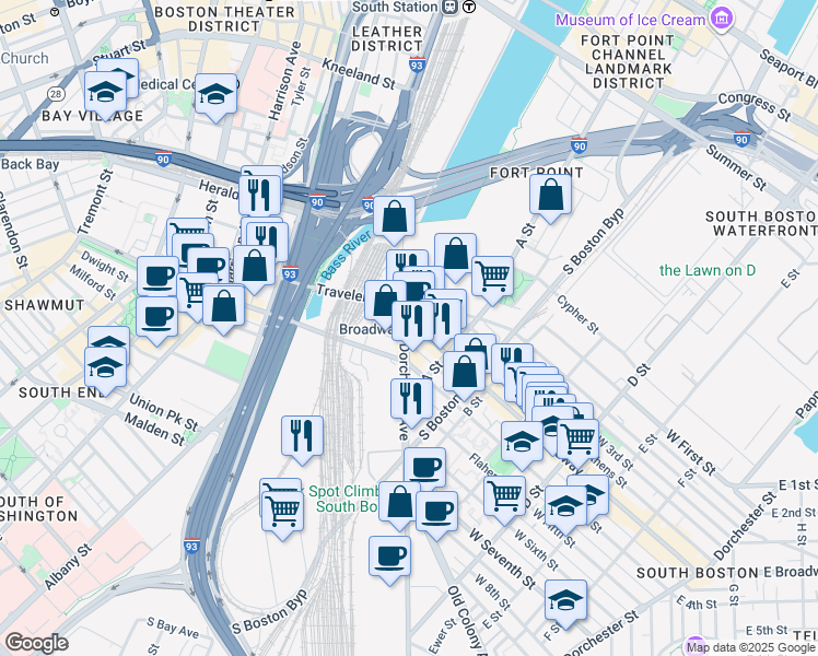 map of restaurants, bars, coffee shops, grocery stores, and more near 11 West Broadway in Boston
