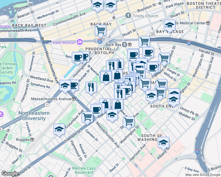 map of restaurants, bars, coffee shops, grocery stores, and more near 136 West Newton Street in Boston