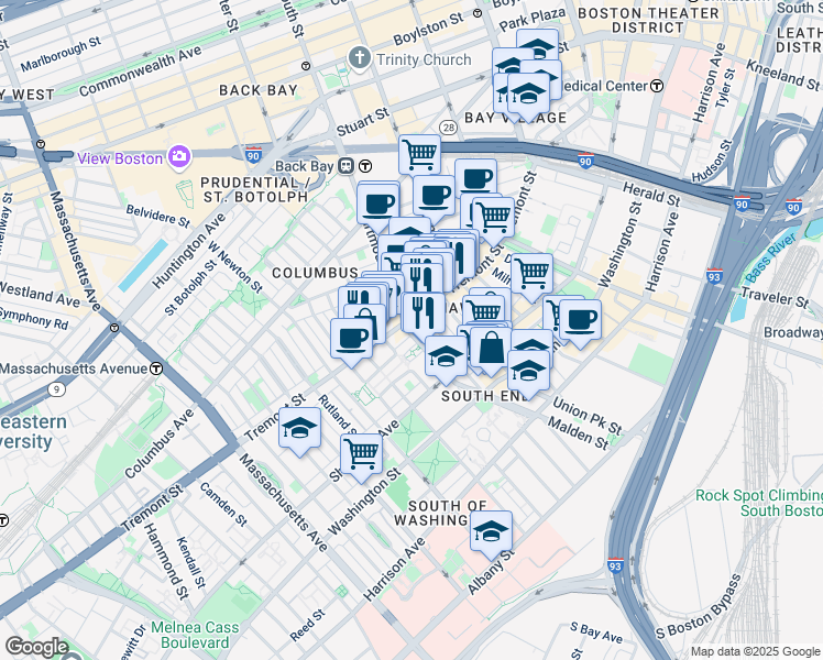 map of restaurants, bars, coffee shops, grocery stores, and more near 57 West Dedham Street in Boston
