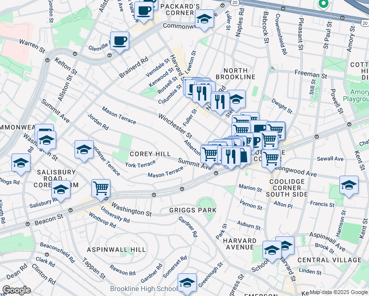 map of restaurants, bars, coffee shops, grocery stores, and more near 138 Mason Terrace in Brookline
