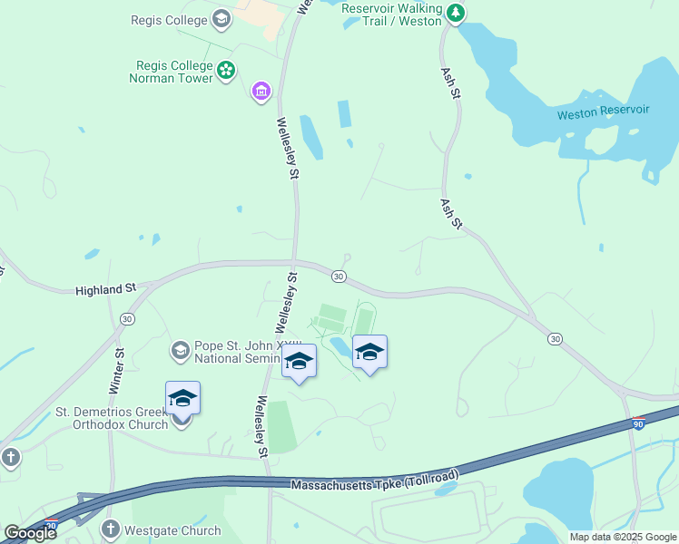 map of restaurants, bars, coffee shops, grocery stores, and more near 7 Highmeadow Road in Weston