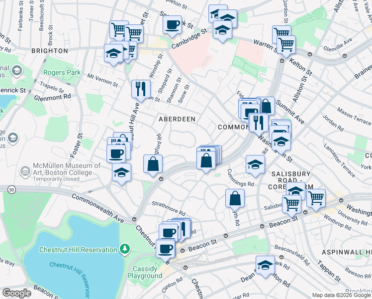 map of restaurants, bars, coffee shops, grocery stores, and more near 1713-1715 Commonwealth Avenue in Boston