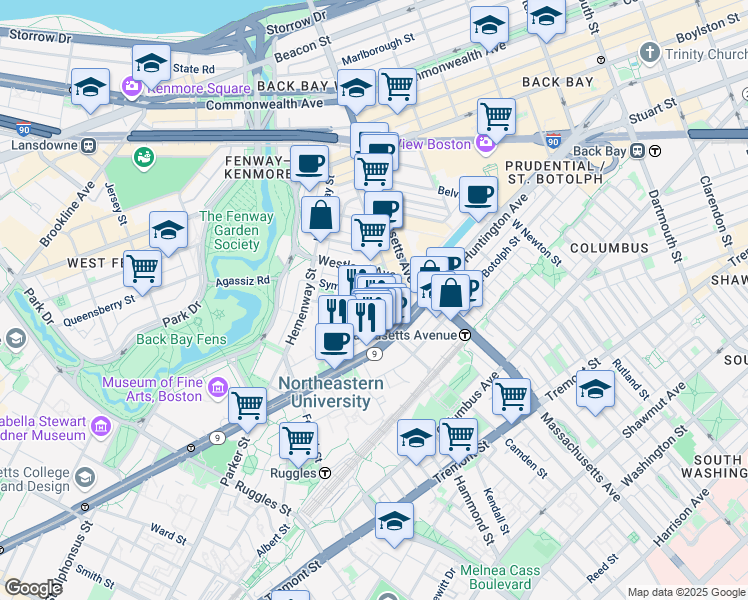 map of restaurants, bars, coffee shops, grocery stores, and more near 77 Saint Stephen Street in Boston
