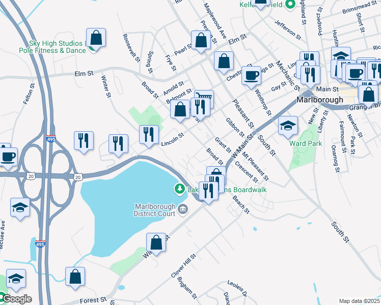 map of restaurants, bars, coffee shops, grocery stores, and more near 21 Fay Court in Marlborough