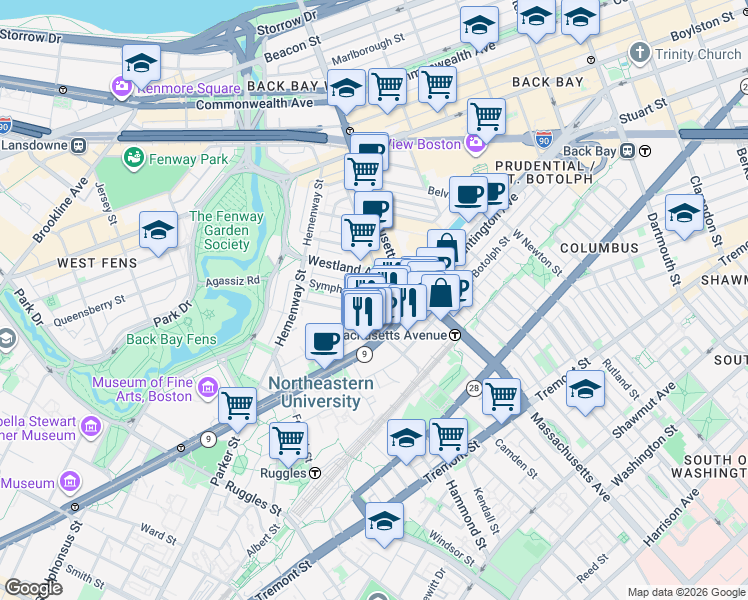 map of restaurants, bars, coffee shops, grocery stores, and more near 52 Gainsborough Street in Boston