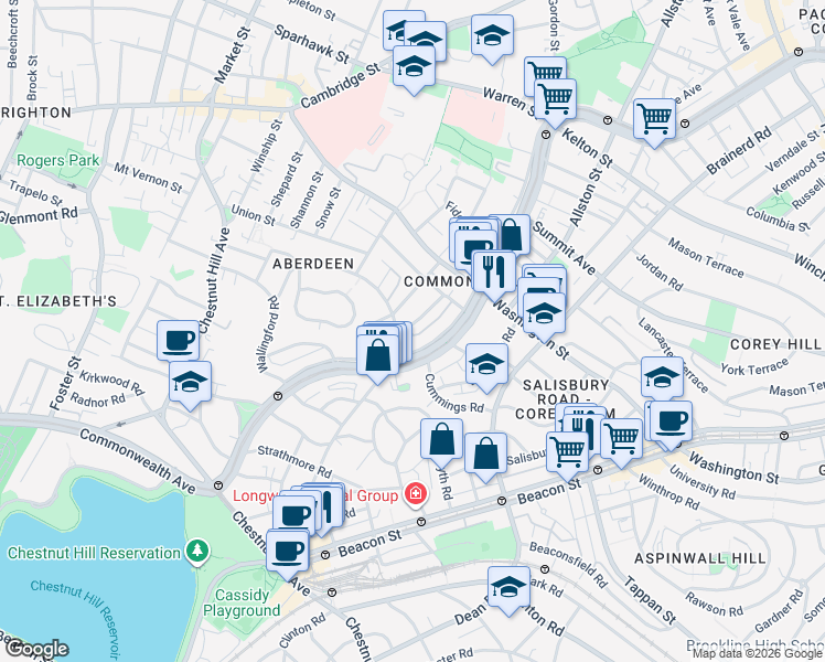 map of restaurants, bars, coffee shops, grocery stores, and more near 1665 Commonwealth Avenue in Boston