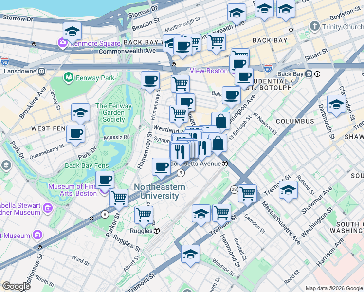 map of restaurants, bars, coffee shops, grocery stores, and more near 52 Gainsborough Street in Boston
