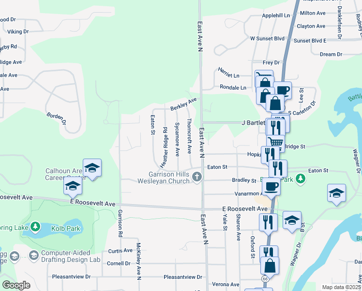 map of restaurants, bars, coffee shops, grocery stores, and more near 19 Thorncroft Avenue in Battle Creek