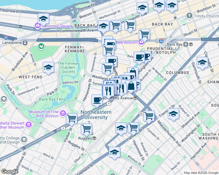 map of restaurants, bars, coffee shops, grocery stores, and more near in Boston