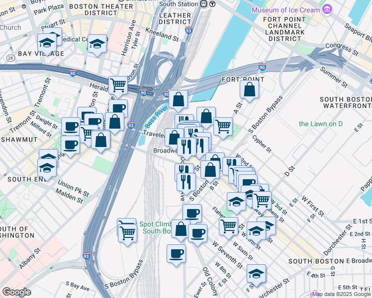 map of restaurants, bars, coffee shops, grocery stores, and more near 45 West Broadway in Boston