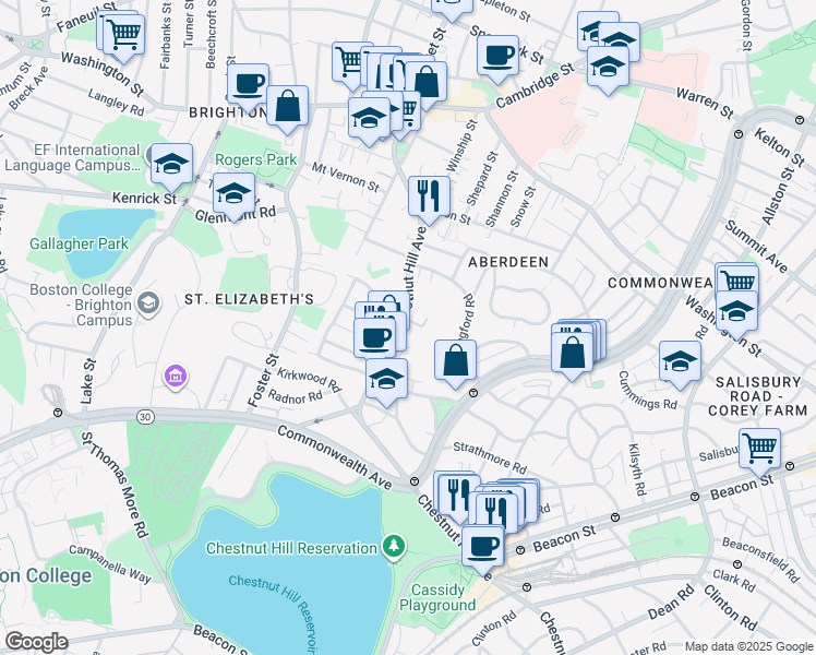 map of restaurants, bars, coffee shops, grocery stores, and more near 138 Chestnut Hill Avenue in Boston