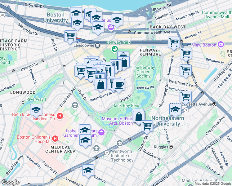 map of restaurants, bars, coffee shops, grocery stores, and more near 119 Jersey Street in Boston