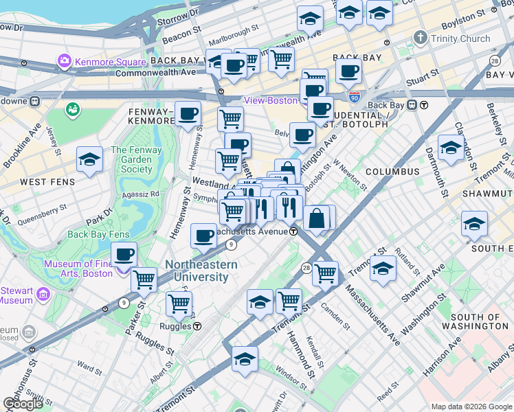 map of restaurants, bars, coffee shops, grocery stores, and more near in Boston