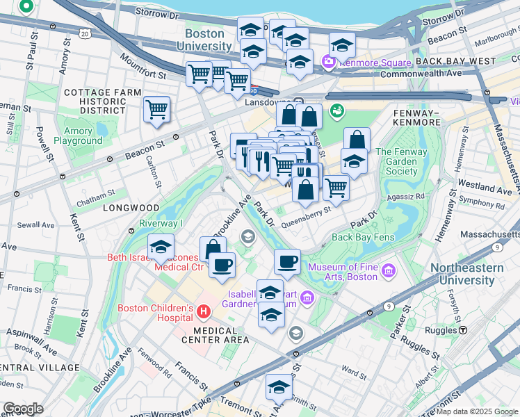 map of restaurants, bars, coffee shops, grocery stores, and more near 223 Park Drive in Boston
