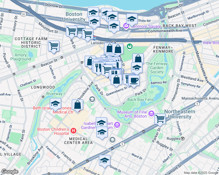 map of restaurants, bars, coffee shops, grocery stores, and more near 120 Peterborough Street in Boston