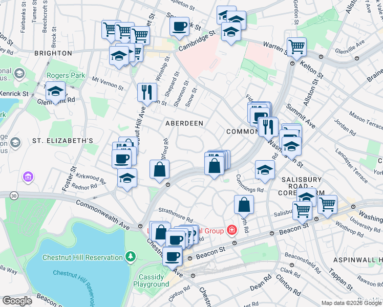 map of restaurants, bars, coffee shops, grocery stores, and more near 63 Nottinghill Road in Boston