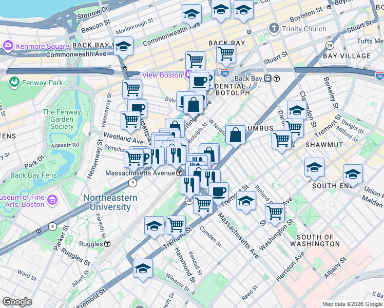 map of restaurants, bars, coffee shops, grocery stores, and more near 23 Wellington Street in Boston