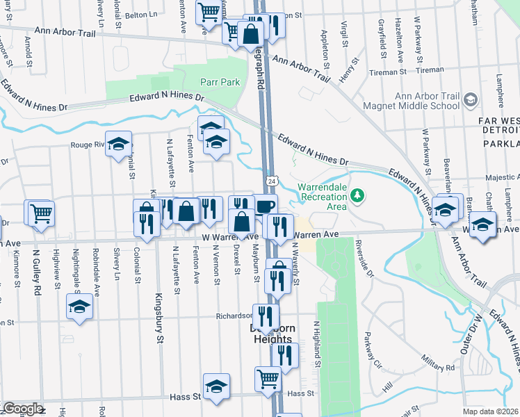map of restaurants, bars, coffee shops, grocery stores, and more near 7244 Mayburn Street in Dearborn Heights