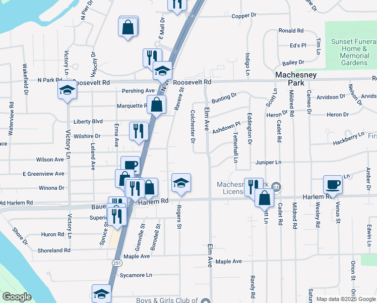 map of restaurants, bars, coffee shops, grocery stores, and more near 1001 Windbourne Drive in Machesney Park