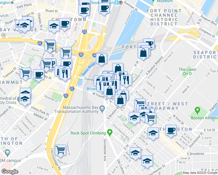 map of restaurants, bars, coffee shops, grocery stores, and more near 45 West Broadway in Boston