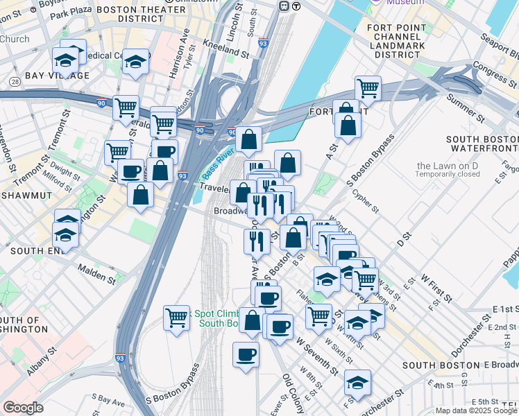 map of restaurants, bars, coffee shops, grocery stores, and more near 45 West Broadway in Boston