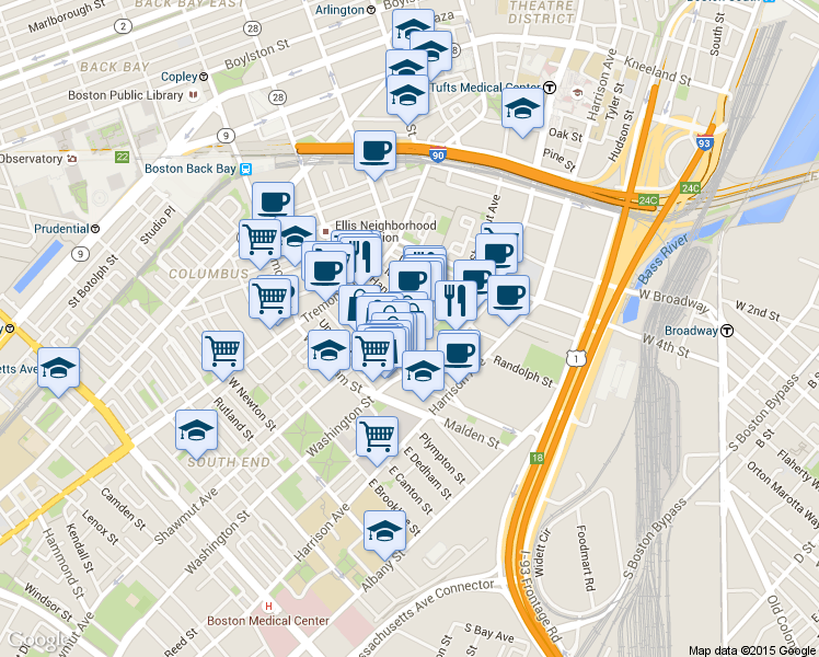 map of restaurants, bars, coffee shops, grocery stores, and more near in Boston