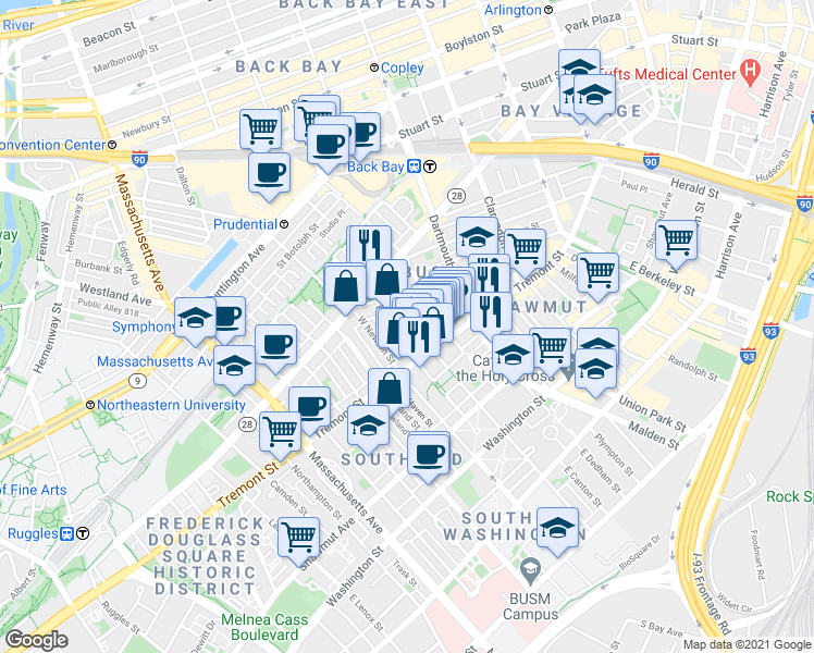 map of restaurants, bars, coffee shops, grocery stores, and more near 83 Pembroke Street in Boston
