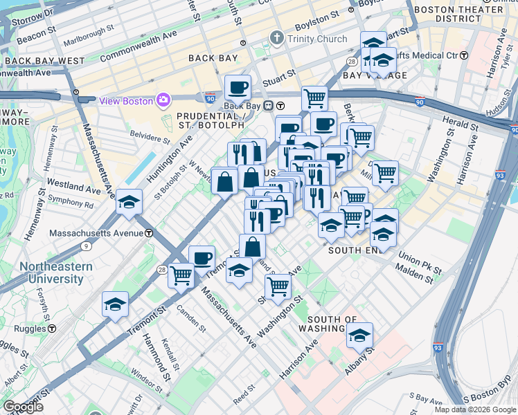 map of restaurants, bars, coffee shops, grocery stores, and more near 83 Pembroke Street in Boston