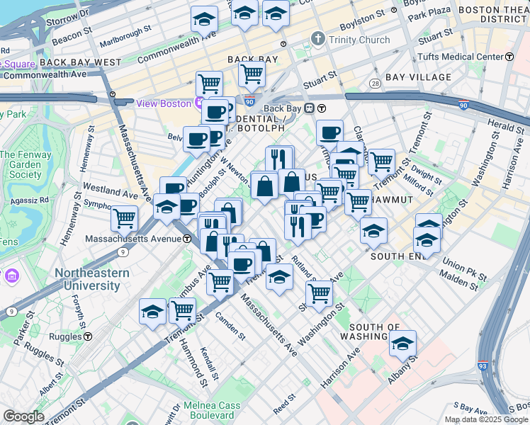 map of restaurants, bars, coffee shops, grocery stores, and more near 43 Public Alley 502 in Boston