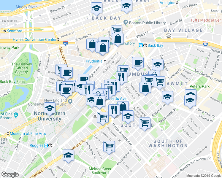map of restaurants, bars, coffee shops, grocery stores, and more near 525 A Columbus Avenue in Boston