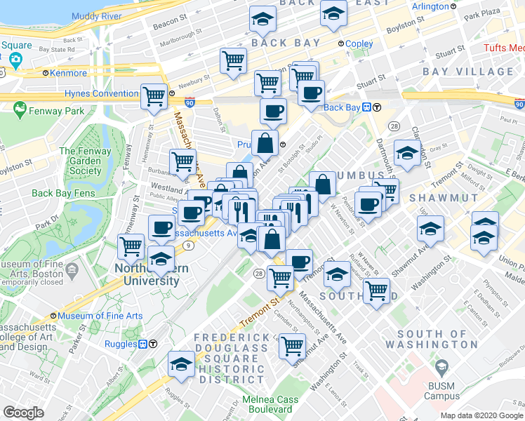 map of restaurants, bars, coffee shops, grocery stores, and more near 23 Wellington Street in Boston