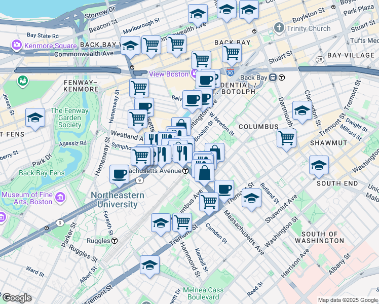 map of restaurants, bars, coffee shops, grocery stores, and more near 352 Massachusetts Avenue in Boston