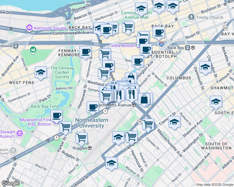 map of restaurants, bars, coffee shops, grocery stores, and more near in Boston