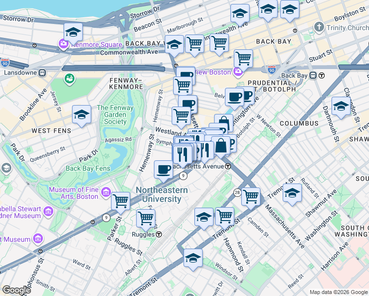 map of restaurants, bars, coffee shops, grocery stores, and more near 52 Gainsborough Street in Boston