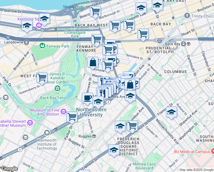 map of restaurants, bars, coffee shops, grocery stores, and more near 77 Saint Stephen Street in Boston