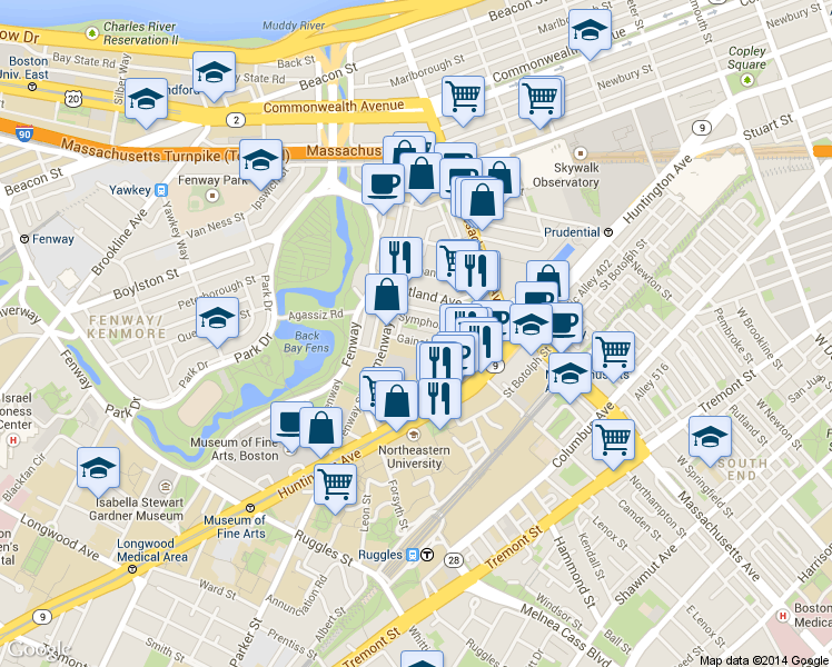 map of restaurants, bars, coffee shops, grocery stores, and more near 76 Gainsborough Street in Boston