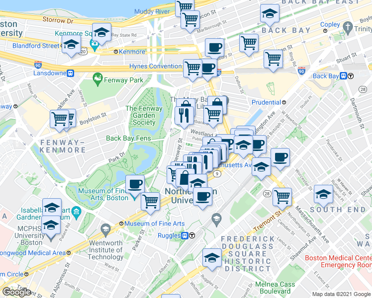map of restaurants, bars, coffee shops, grocery stores, and more near 76 Gainsborough Street in Boston