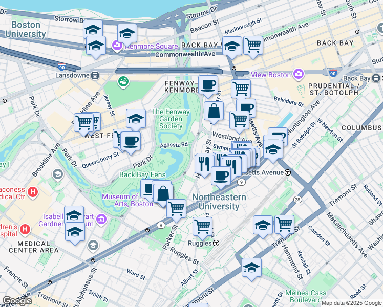map of restaurants, bars, coffee shops, grocery stores, and more near 143 Hemenway Street in Boston